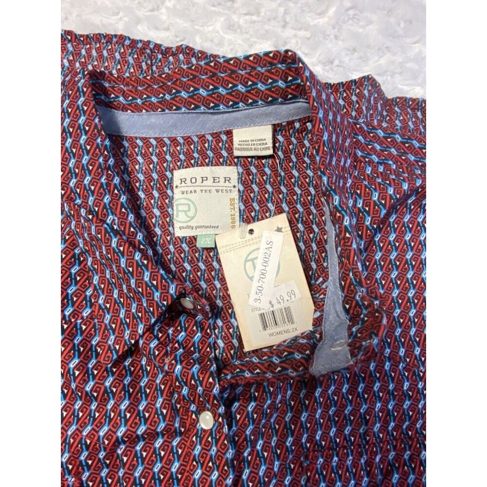 Roper Women's Red & Blue Print Long Sleeve Pearl Snap Western Shirt 2 XL rodeo - Picture 6 of 10